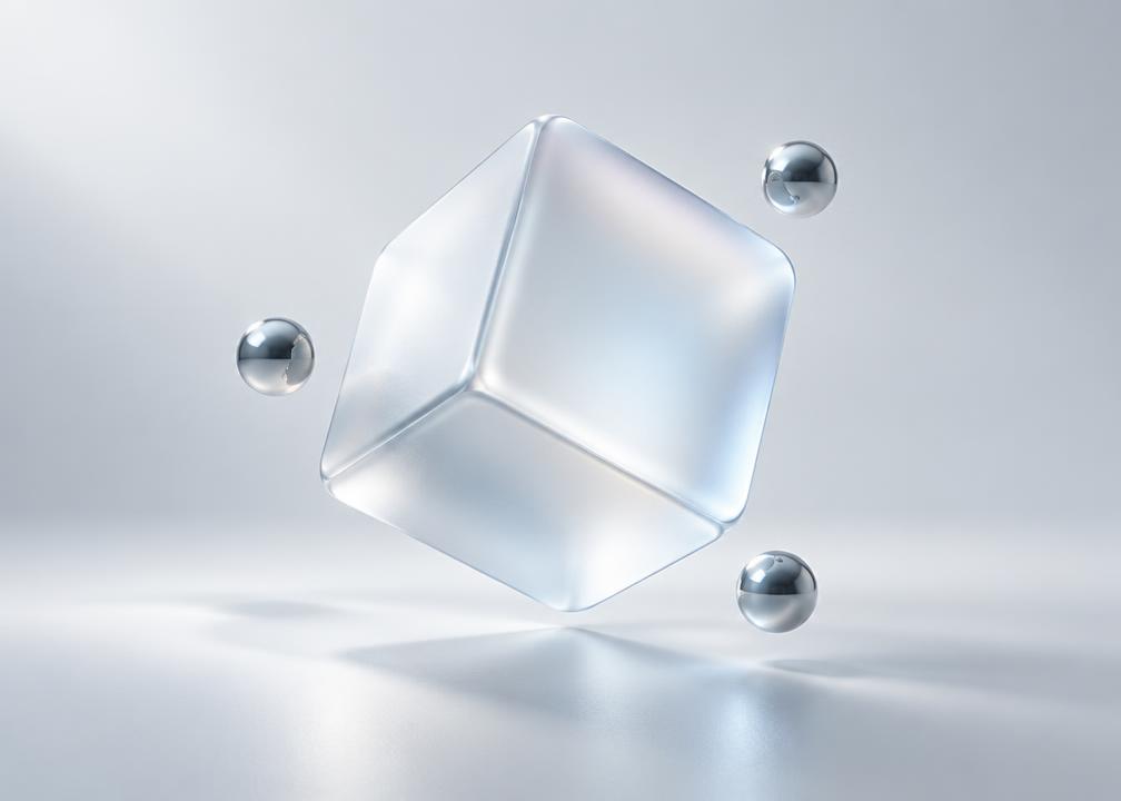 Floating glass cube and chrome spheres