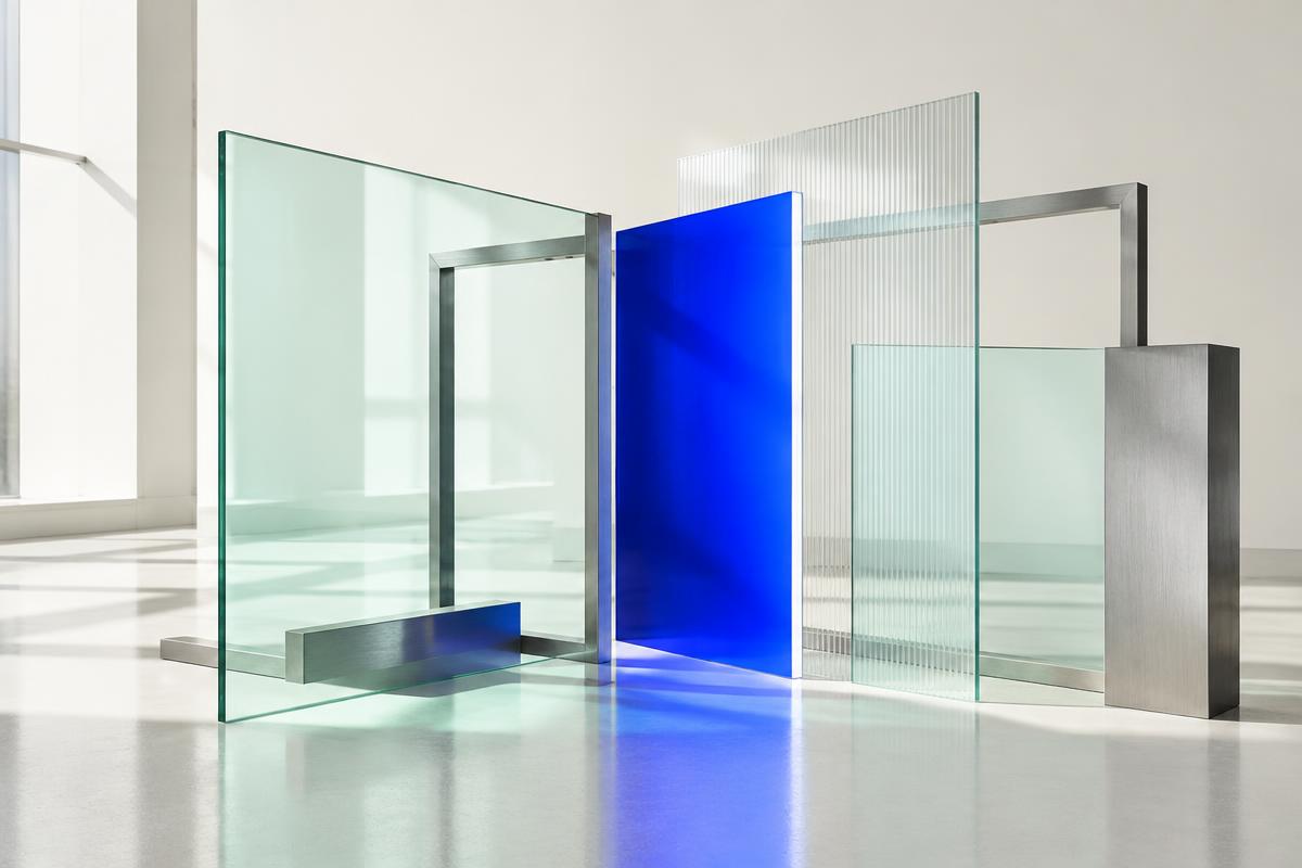 Glass and metal architectural forms around a vivid blue plane
