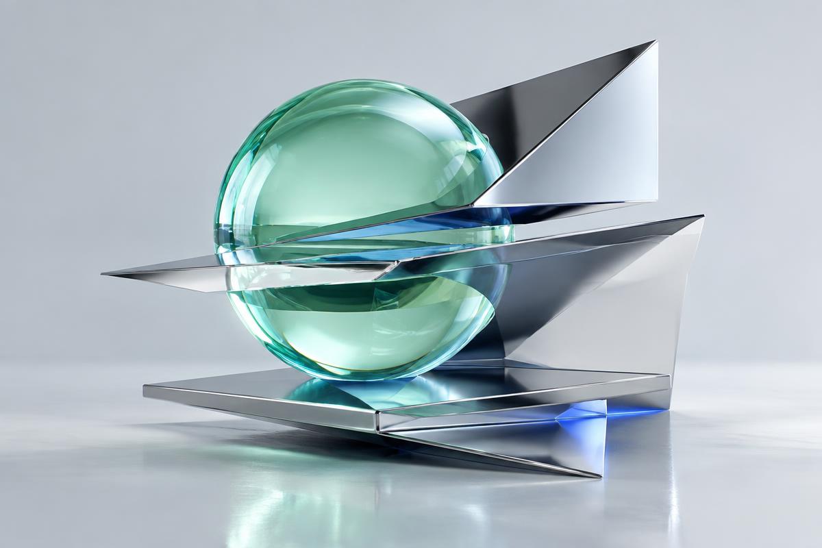 Sea-glass sphere and reflective metal planes